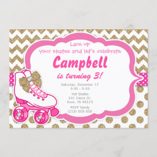 Roller Skate Glitzer Gold und Rosa Geburtstag Einl Einladung