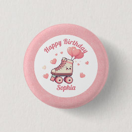Roller Skate Pink Glitzer Girl's Birthday Party Button