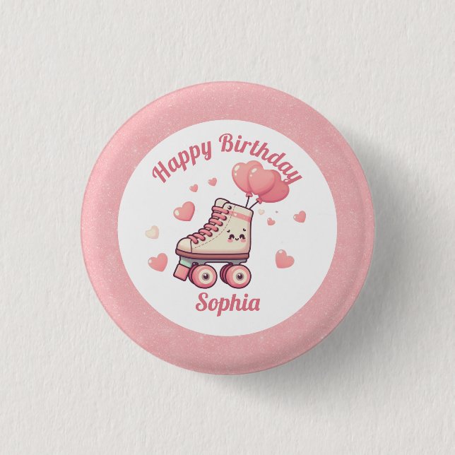 Roller Skate Pink Glitzer Girl's Birthday Party Button (Vorderseite)