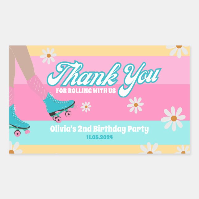 Roller Skate Rainbow Birthday Gefallen-Kästchen Rechteckiger Aufkleber (Vorderseite)