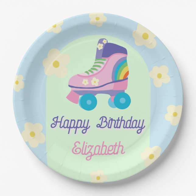 Roller Skate Retro Happy Birthday Daisy Pappteller (Vorderseite)