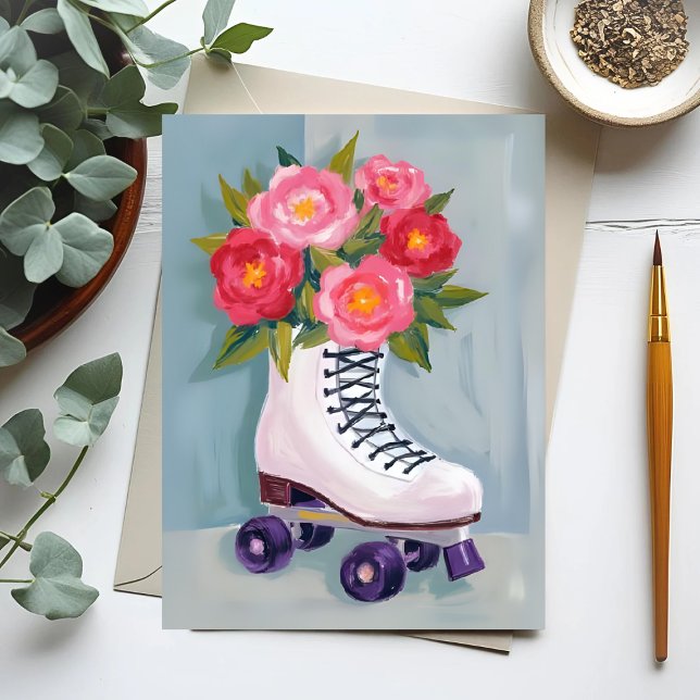 Roller Skate Rose Bouquet Malerei Postkarte (Von Creator hochgeladen)