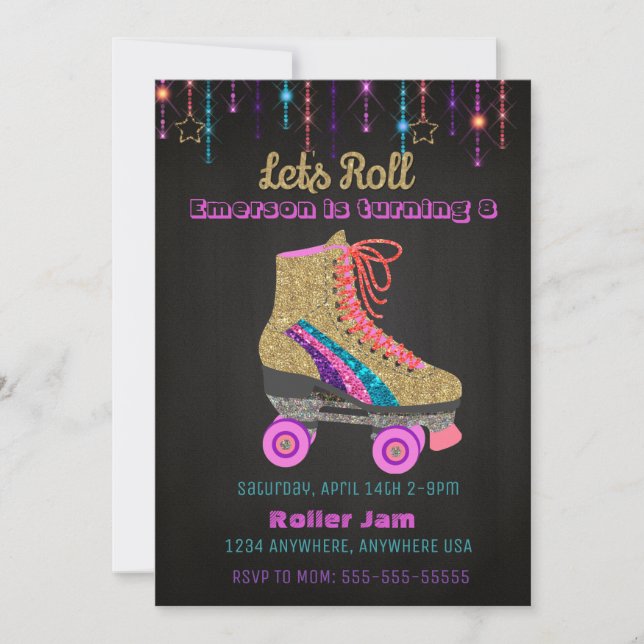 Roller-Skate, Skaten-Party, Roller Disco-Glitzer Einladung (Vorderseite)