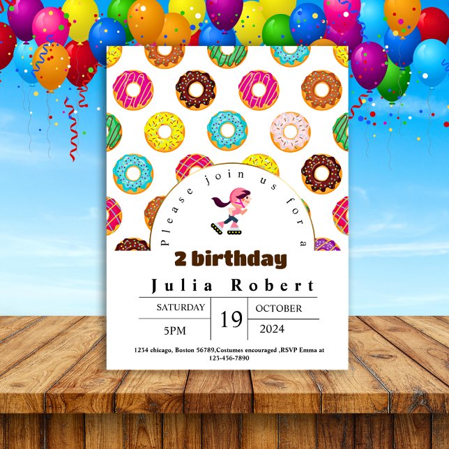 Roller Skaten Dessert donuts Geburtstag rosa gelb Einladung (Von Creator hochgeladen)