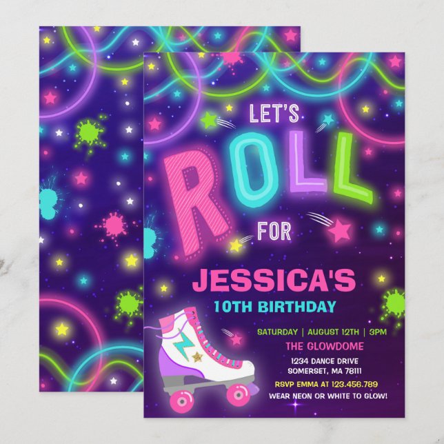 Roller Skaten Einladung Neon Glow Skaten Party (Vorne/Hinten)