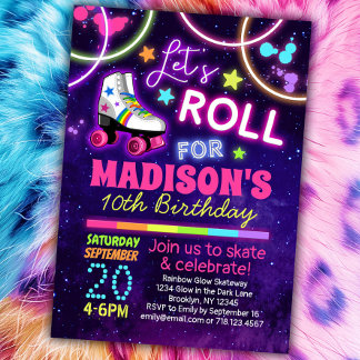 Roller Skaten Girls Rainbow Neon Birthday Party Einladung