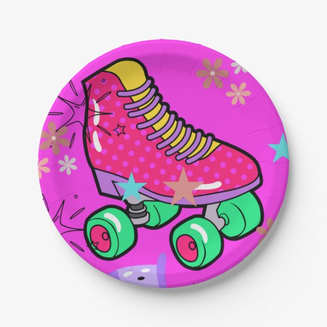 Roller Skaten Girls Rainbow Neon Birthday Party Pappteller (Vorderseite)