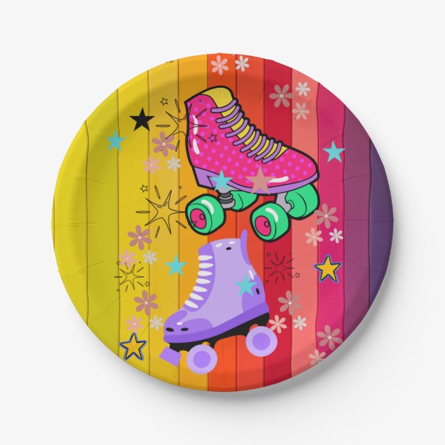 Roller Skaten Girls Rainbow Neon Birthday Party Pappteller (Vorderseite)