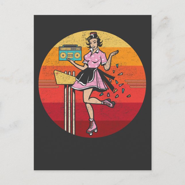 Roller Skaten old Radio Female 70er 80er Skater Postkarte (Vorderseite)