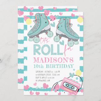 Roller Skaten Pastel Blue Pink Girl Geburtstag Einladung