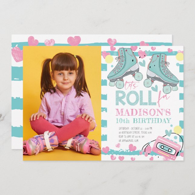Roller Skaten Pastel Foto Girl Geburtstag Einladung (Vorne/Hinten)