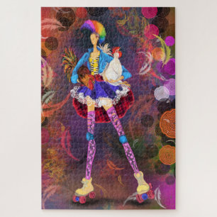 Roller Skater Punk Farm Girl and Roosters Malerei Puzzle