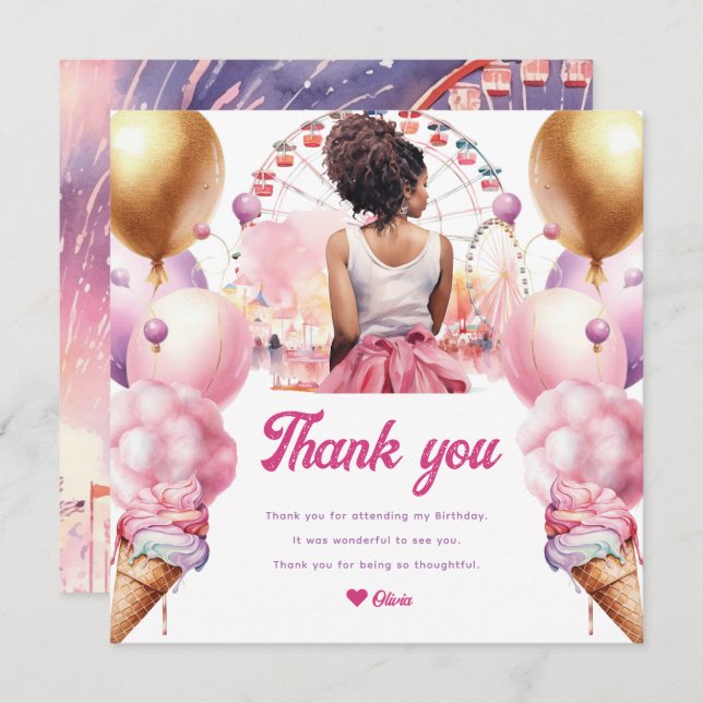Rollercoaster Party Afroamerikanisches Aquarell Dankeskarte (Vorne/Hinten)