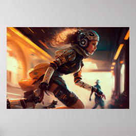 Rollerderby Woman in einer Stadt der Zukunft Poster