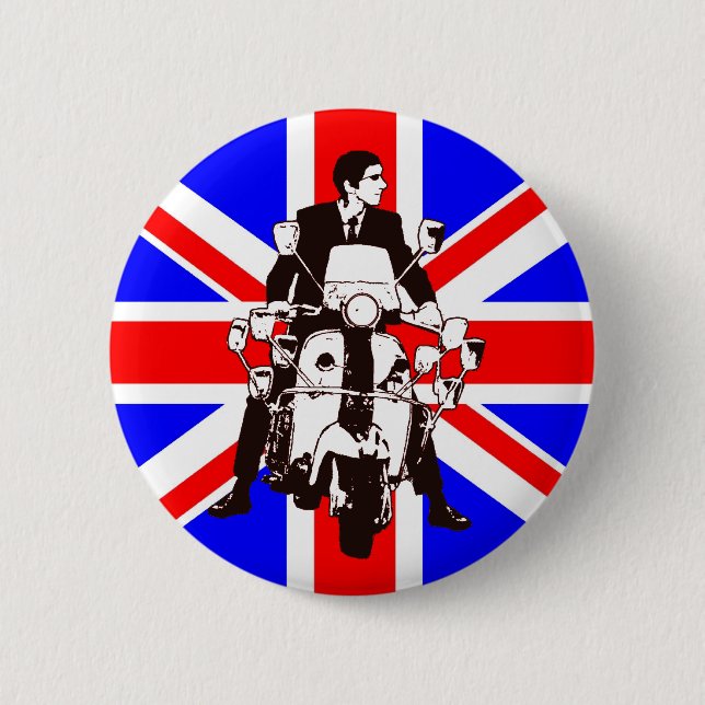 Rollerfahrer mit Union Jack Hintergrund Button (Vorderseite)