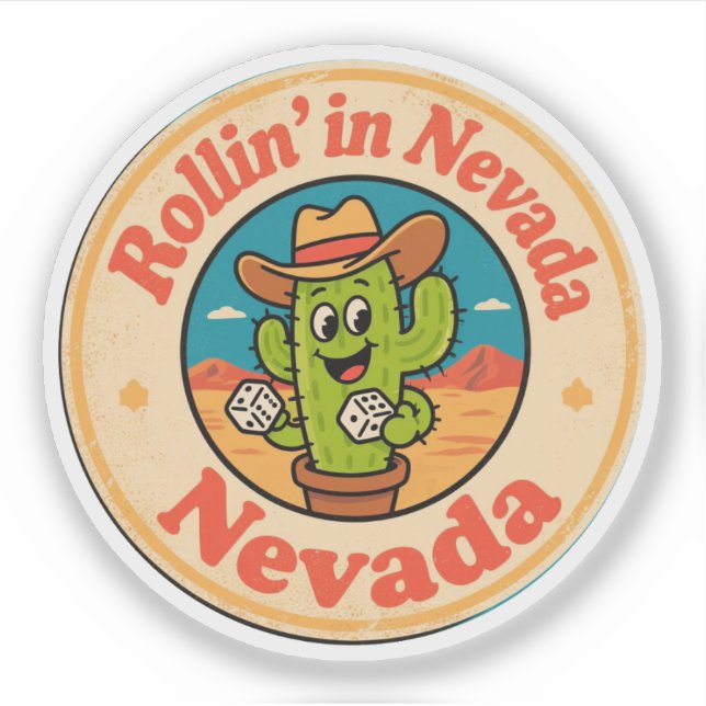 Rollin" in Nevada_ Kaktus mit Dice Artwork Aufkleber (Vorderseite)