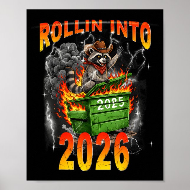 Rollin Into 2026 New Year 2026 Raccoon Cowboy Vint Poster (Vorne)