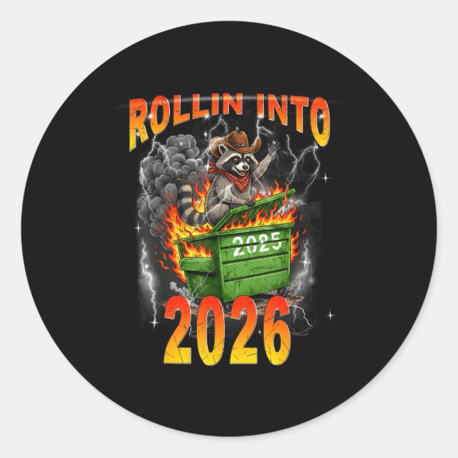 Rollin Into 2026 New Year 2026 Raccoon Cowboy Vint Runder Aufkleber (Vorderseite)