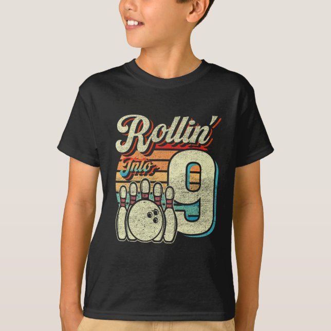 Rollin Into 9 Bowling Birthday Party 9th Birthday  T-Shirt (Vorderseite)