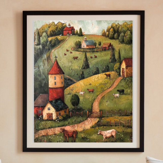 Rolling Hill Farm House Folk Art Ölgemälde Post Poster (Von Creator hochgeladen)