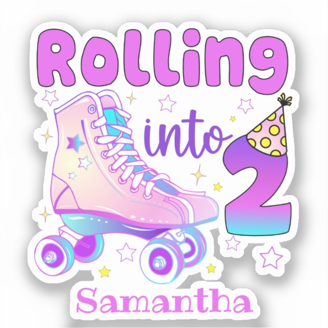 Rolling in 2 - Niedlicher Lila Roller Skate Geburt Aufkleber (Vorderseite)