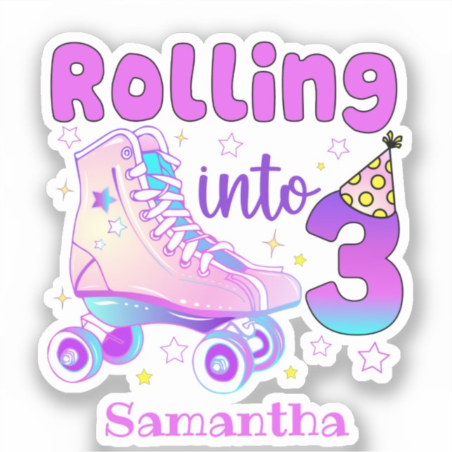 Rolling in 3 - Niedlicher Lila Roller Skate Geburt Aufkleber (Vorderseite)