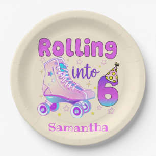 Rolling in 6 - Niedlicher Lila Roller Skate Geburt Pappteller