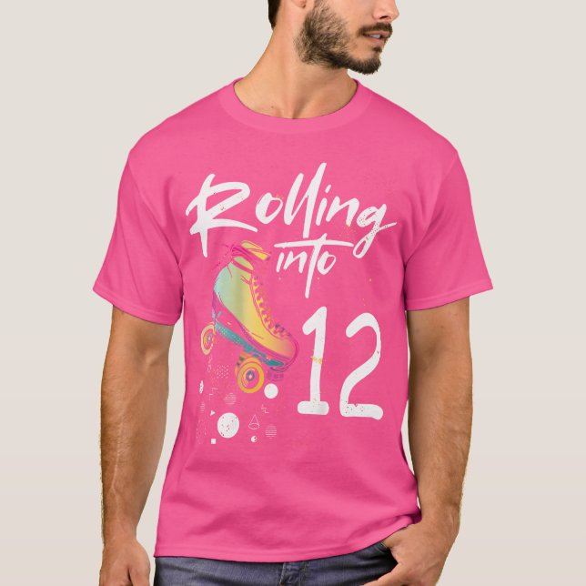 Rolling Into 12 Backprint Roller Skating Birthday T-Shirt (Vorderseite)