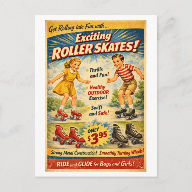 Rollschuhe im Vintage-Stil - Werbung Postkarte (Vorderseite)