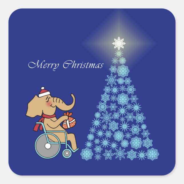 Rollstuhl-Elefant mit Weihnachtsmannmütze Quadratischer Aufkleber (Vorderseite)