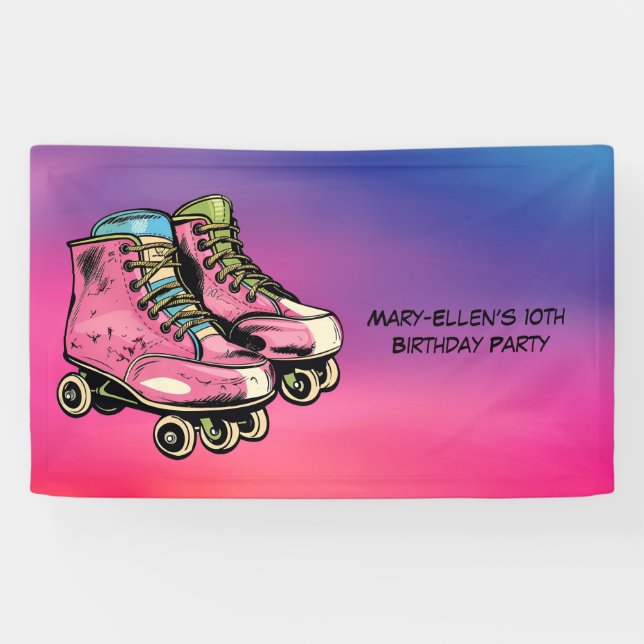 Rolon Over Roller Skate Girl Birthday Party Banner (Horizontal)