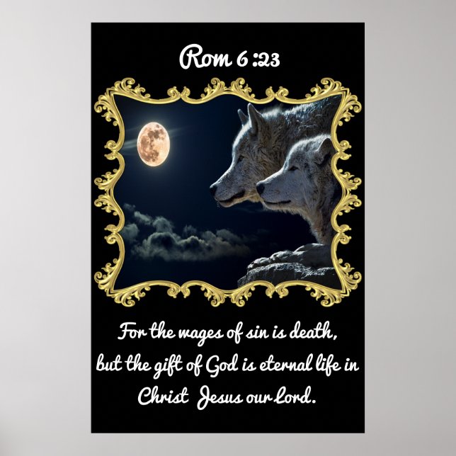 Rom 6:23 Wölfe mit Blick auf den Vollmond . Poster (Vorne)