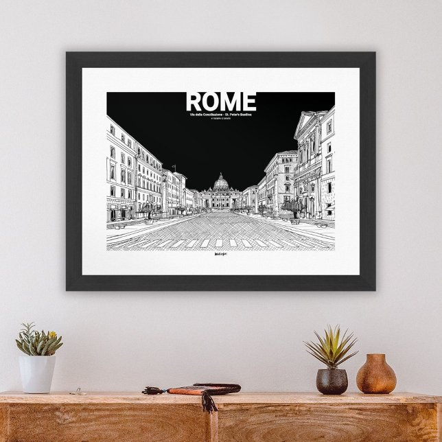 Rom Vatikanstadt St. Petersdom Schwarz-weiß Poster (Vatican City Rome View Black White Sketch Mate Poster)
