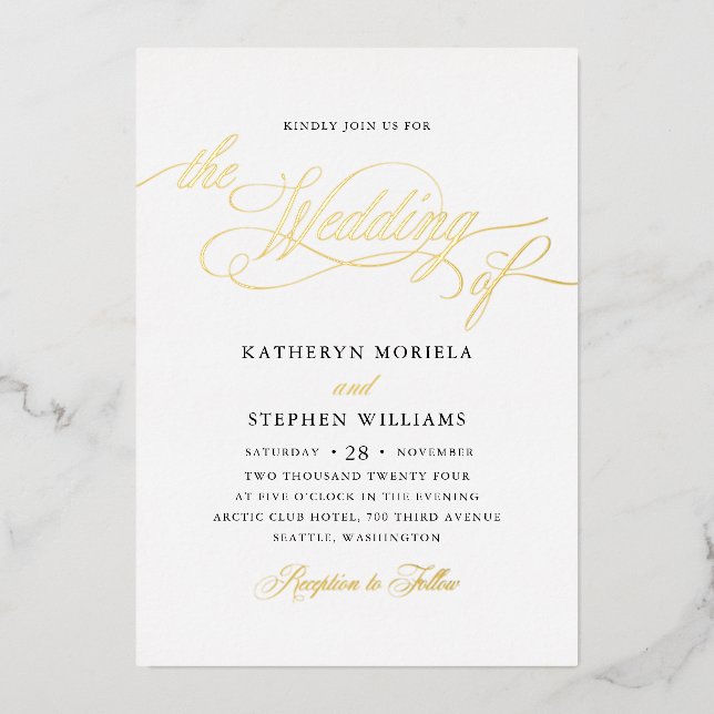 Roman Classic Script Calligraphy Wedding Gold Folieneinladung (Vorderseite)