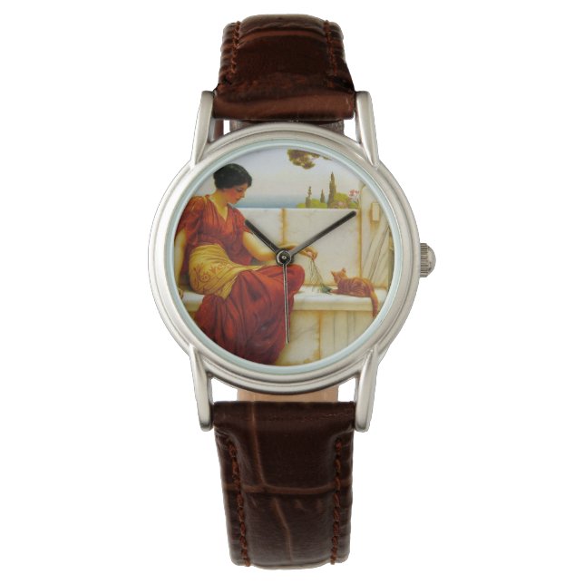 Roman Frau spielt mit ihrer Lieblingskatze Armbanduhr (Vorderseite)