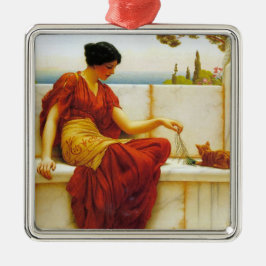 Roman Frau spielt mit ihrer Lieblingskatze Ornament Aus Metall