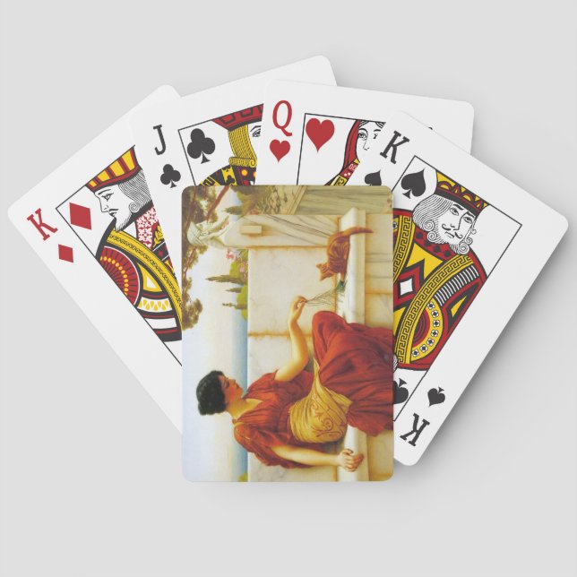 Roman Frau spielt mit ihrer Lieblingskatze Spielkarten (Rückseite)