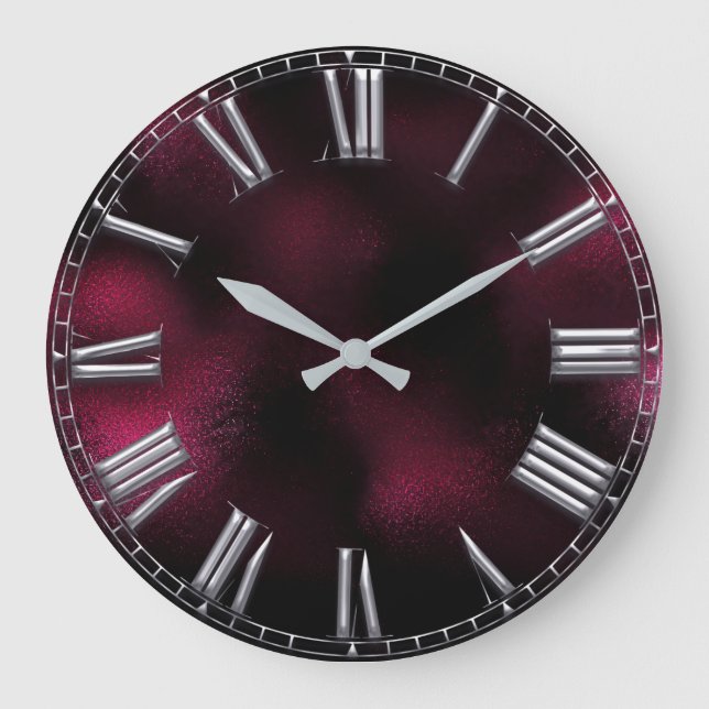 Roman Number Beet Burgundy Silver Gray Metal Große Wanduhr (Vorderseite)