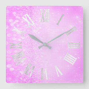 Roman Numbers Silver Gray Bright Pink Glitter Quadratische Wanduhr