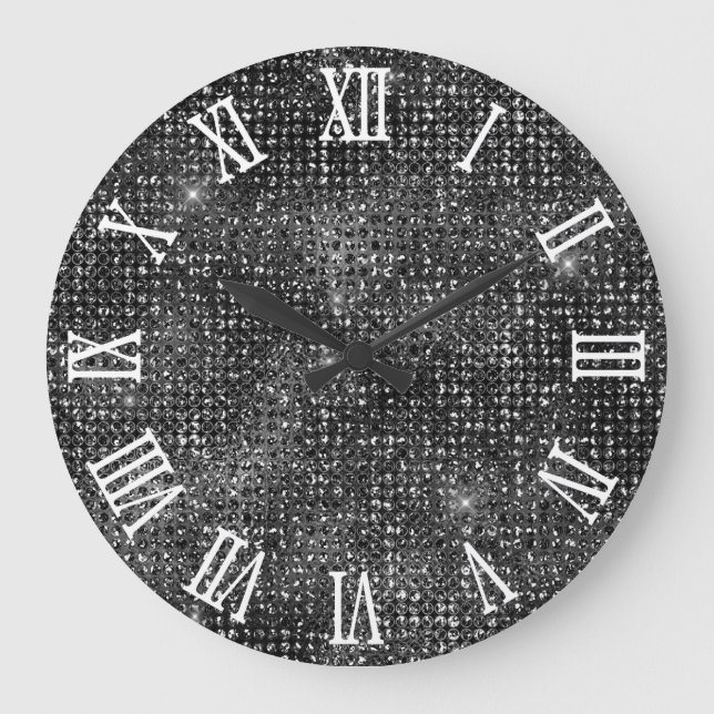 Roman Numerals Black Disco Glitzer Große Wanduhr (Vorderseite)