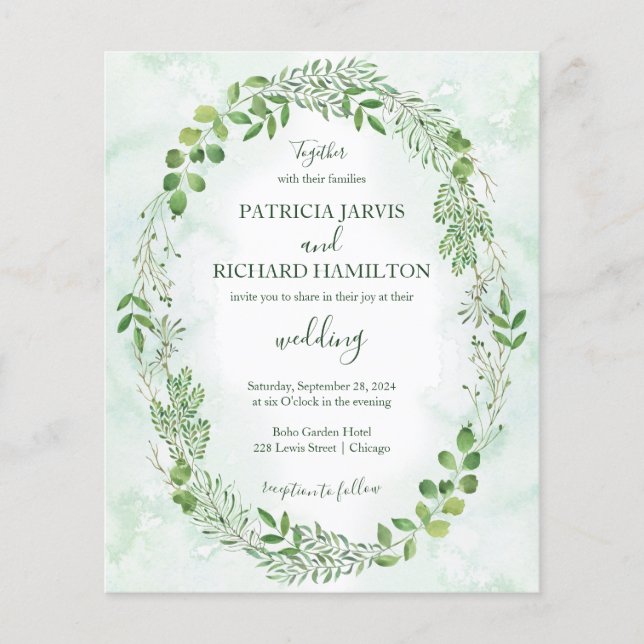 Romance Greenery Budget Hochzeitseinladungen (Vorderseite)