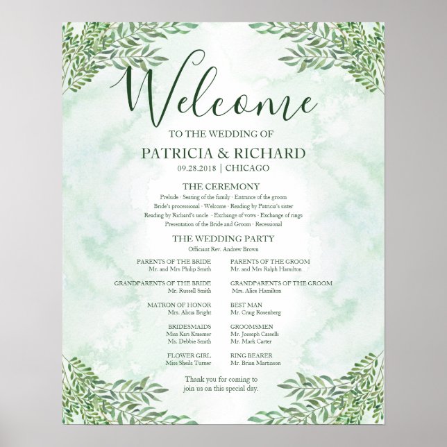 Romance Greenery Wedding Zeremony Program Board Poster (Vorne)