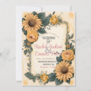 Romance Sunflower Wedding Yellow Rose Blätter Rahm Einladung