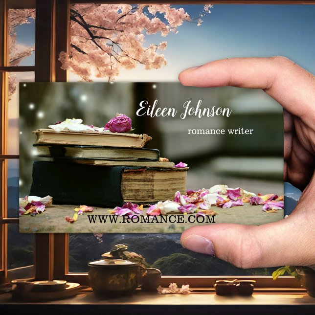 Romance Writer oder Author Business Card Visitenkarte (Business card showing books with rose petals and sprinkles of magic. Beautiful for a romance author)