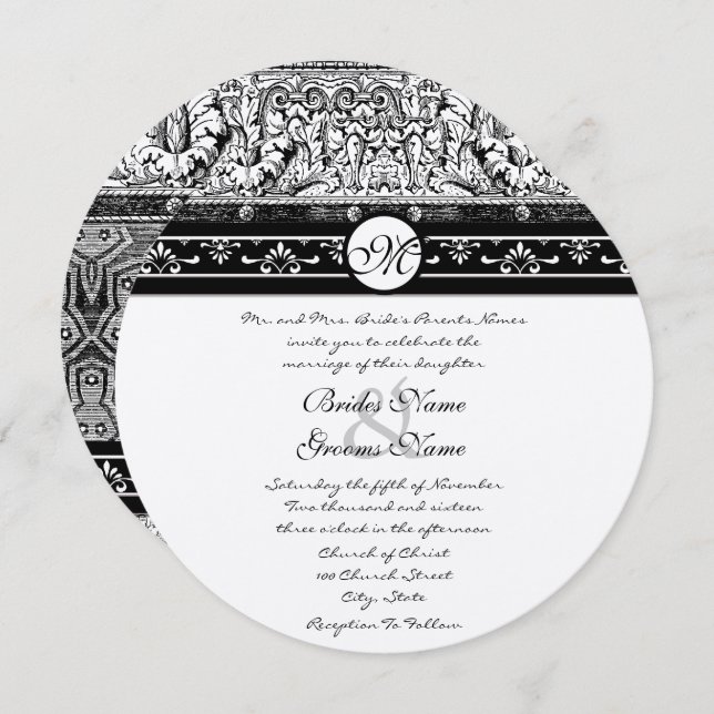 Romanesque Black Damask Wirbel Hochzeit Einladung (Vorne/Hinten)