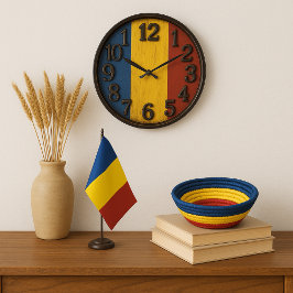 Romanian Flag with Vintage Wood Background Rustic Große Wanduhr