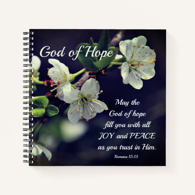 Romans 15:13 God of Hope White Flowers Notizbuch (Vorderseite)