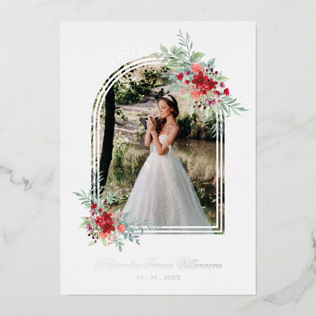 Romantic Arch Spanish Quinceañera Photo Floral Folieneinladung (Vorderseite)