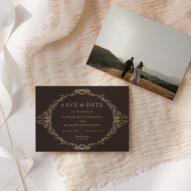 Romantic Baroque Ornate Frame Dark Brown Photo Save The Date (Von Creator hochgeladen)