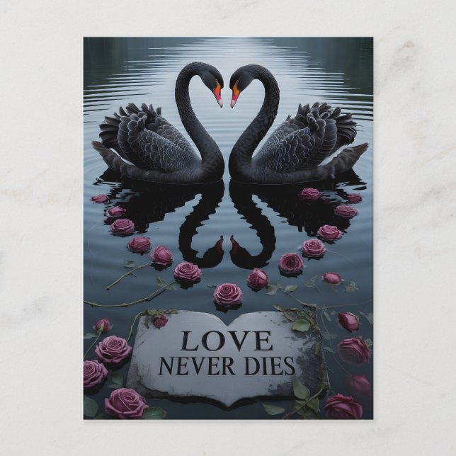 Romantic Black Swans Heart Reflection with Text Postkarte (Vorderseite)